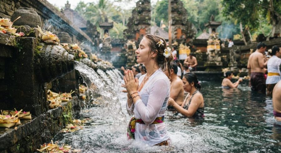 suasana tradisi Melukat di sebuah pemandian suci Bali