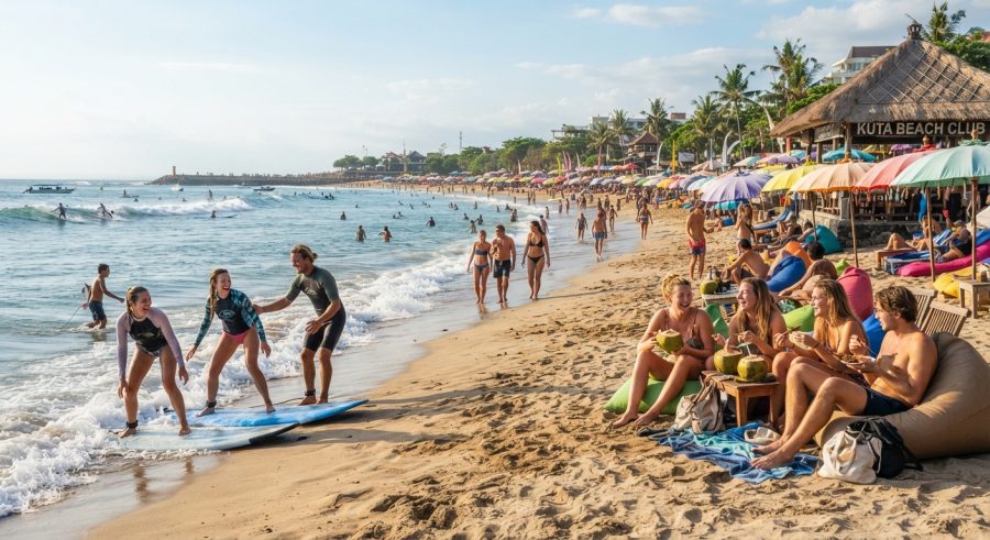 suasana di Pantai Kuta yang ramai dengan berbagai aktivitas wisata