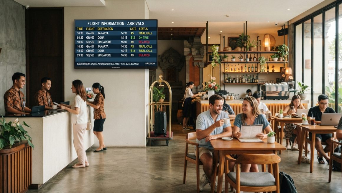 menampilkan suasana lobi hotel modern yang menyatu dengan area kafe