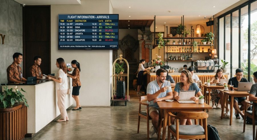 menampilkan suasana lobi hotel modern yang menyatu dengan area kafe