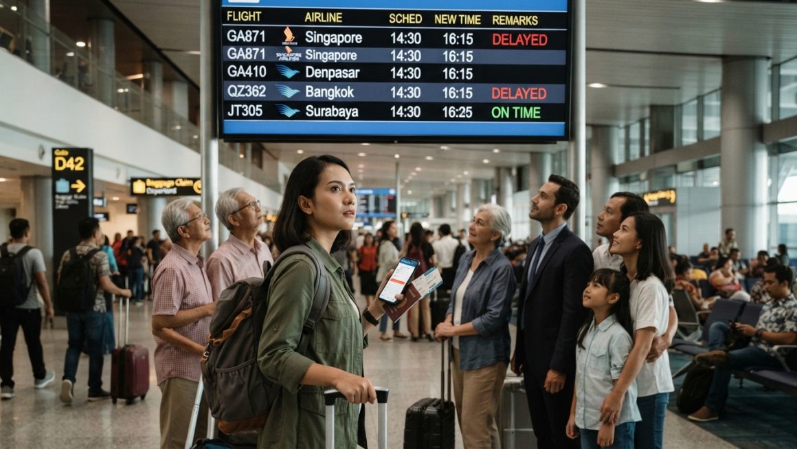 Sekelompok penumpang yang beragam sedang melihat papan jadwal keberangkatan di terminal bandara