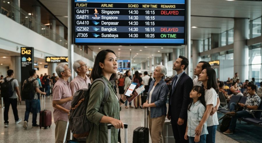 Sekelompok penumpang yang beragam sedang melihat papan jadwal keberangkatan di terminal bandara