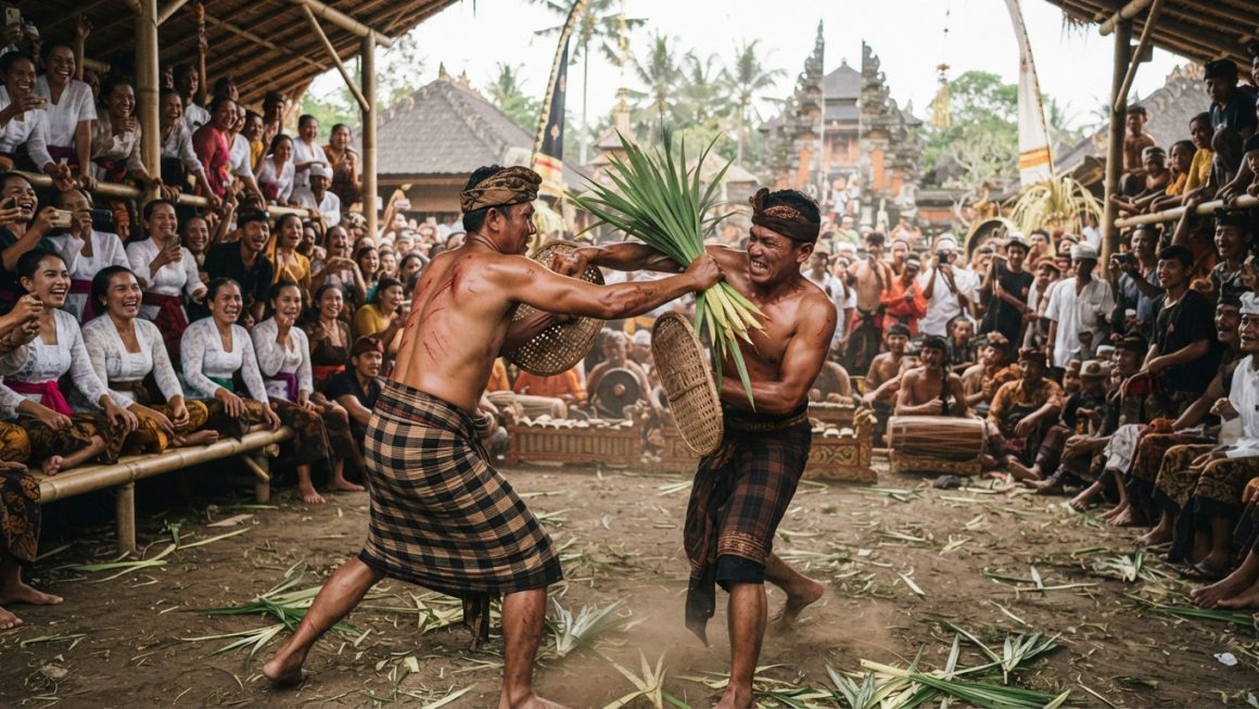 Dua pria melakukan tradisi Perang Pandan Mekare-kare di Tenganan Bali disaksikan warga