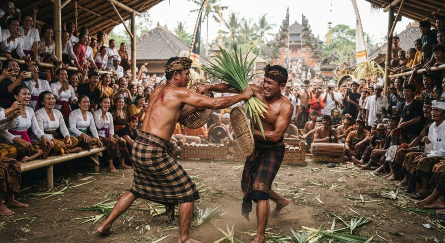 Dua pria melakukan tradisi Perang Pandan Mekare-kare di Tenganan Bali disaksikan warga