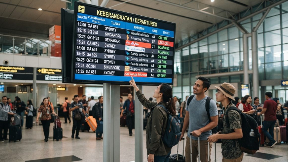 Traveler sedang melihat layar flight schedule TV keberangkatan di bandara