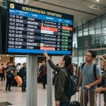 Traveler sedang melihat layar flight schedule TV keberangkatan di bandara