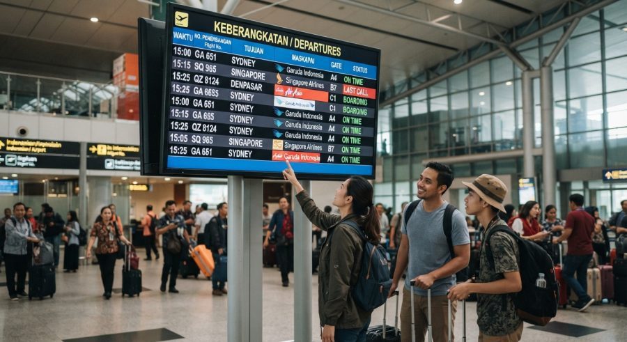 Traveler sedang melihat layar flight schedule TV keberangkatan di bandara