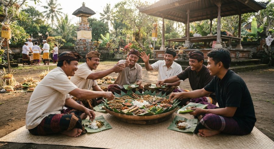 Sejumlah pria Bali tersenyum dan makan bersama dari piring besar daun pisang (megibung) di halaman pura tradisional