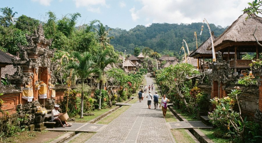 Pemandangan jalan utama Desa Penglipuran, Bali, yang bersih dan asri, diapit oleh gerbang tradisional Bali, pepohonan tropis, dan rumah-rumah beratap ijuk dengan latar belakang perbukitan hijau