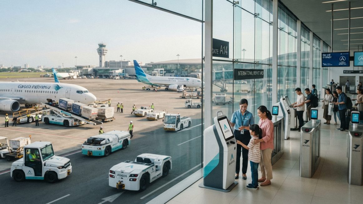 Ilustrasi otomatisasi bandara modern yang meningkatkan produktivitas bersama AVAGOS, menampilkan area check-in mandiri dan kendaraan operasional otonom di landasan