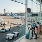Ilustrasi otomatisasi bandara modern yang meningkatkan produktivitas bersama AVAGOS, menampilkan area check-in mandiri dan kendaraan operasional otonom di landasan