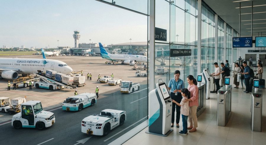 Ilustrasi otomatisasi bandara modern yang meningkatkan produktivitas bersama AVAGOS, menampilkan area check-in mandiri dan kendaraan operasional otonom di landasan
