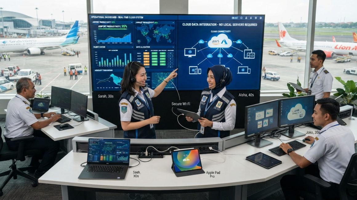 Ilustrasi petugas operasi bandara menggunakan sistem cloud untuk meningkatkan produktivitas tanpa server lokal