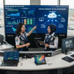 Ilustrasi petugas operasi bandara menggunakan sistem cloud untuk meningkatkan produktivitas tanpa server lokal