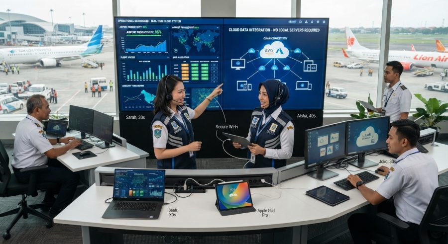 Ilustrasi petugas operasi bandara menggunakan sistem cloud untuk meningkatkan produktivitas tanpa server lokal