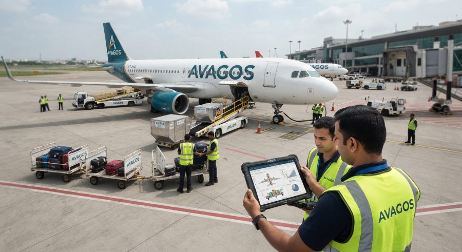 Petugas bandara memeriksa fitur weight and balance dan load control otomatis di AVAGOS menggunakan tablet.