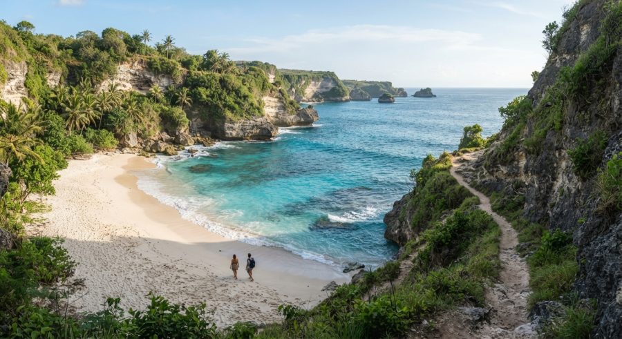 Sepasang pejalan kaki berjalan di sepanjang pantai terpencil di Bali, dengan tebing hijau yang dramatis dan air biru kehijauan yang jernih di kejauhan