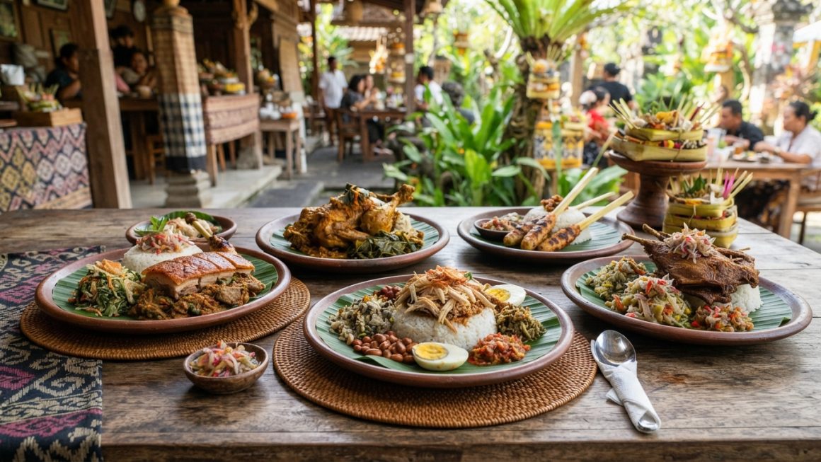 Pilihan makanan legendaris khas Bali yang lezat di atas meja kayu