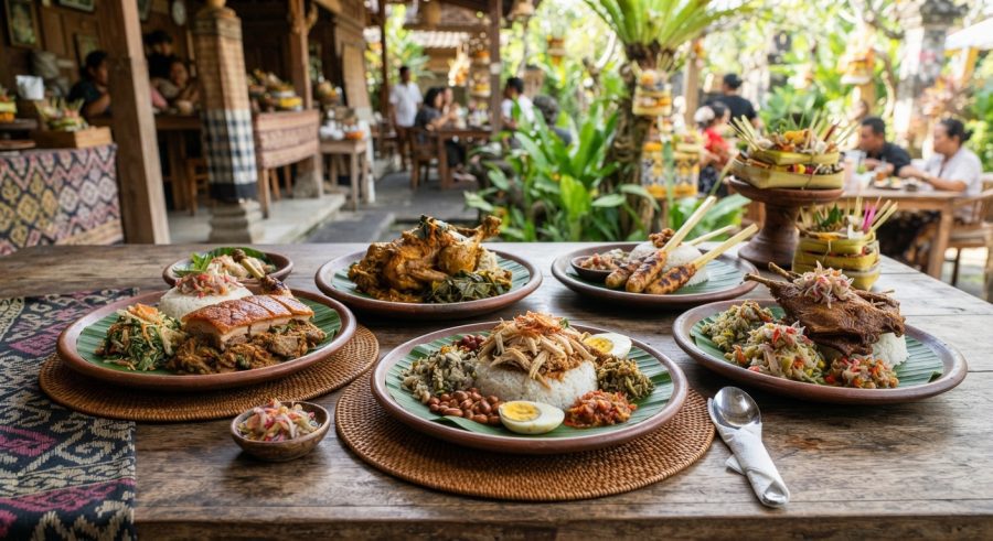 Pilihan makanan legendaris khas Bali yang lezat di atas meja kayu