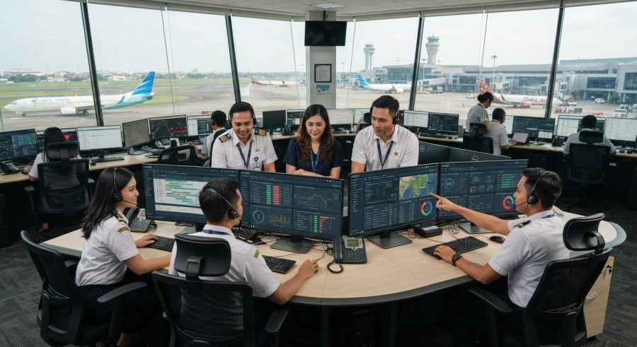 Petugas operasional bandara sedang memantau manajemen sistem menggunakan modul utama AVAGOS di ruang kontrol modern