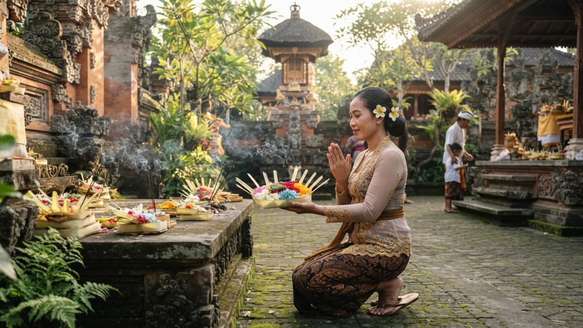 Wanita Bali mengenakan kebaya sedang berdoa di pura dengan persembahan canang sari