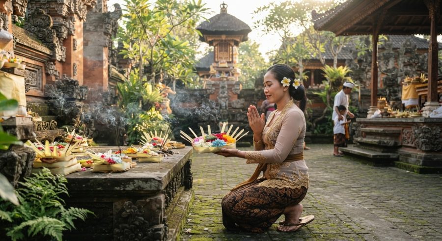 Wanita Bali mengenakan kebaya sedang berdoa di pura dengan persembahan canang sari