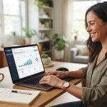 Wanita tersenyum menggunakan laptop dengan sistem one-time payment FIDSSA