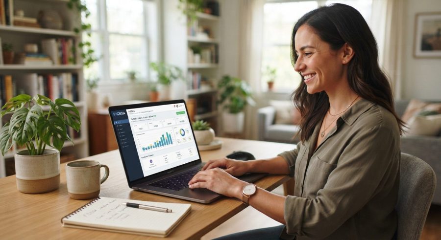 Wanita tersenyum menggunakan laptop dengan sistem one-time payment FIDSSA