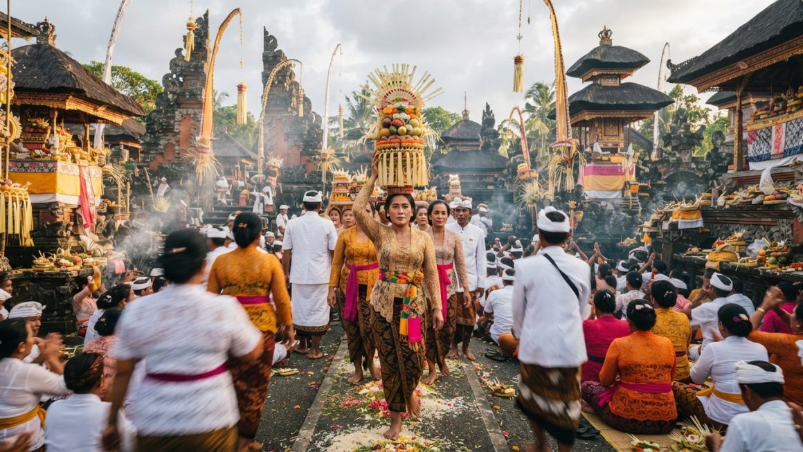 Masyarakat Bali sedang melaksanakan upacara keagamaan di pura
