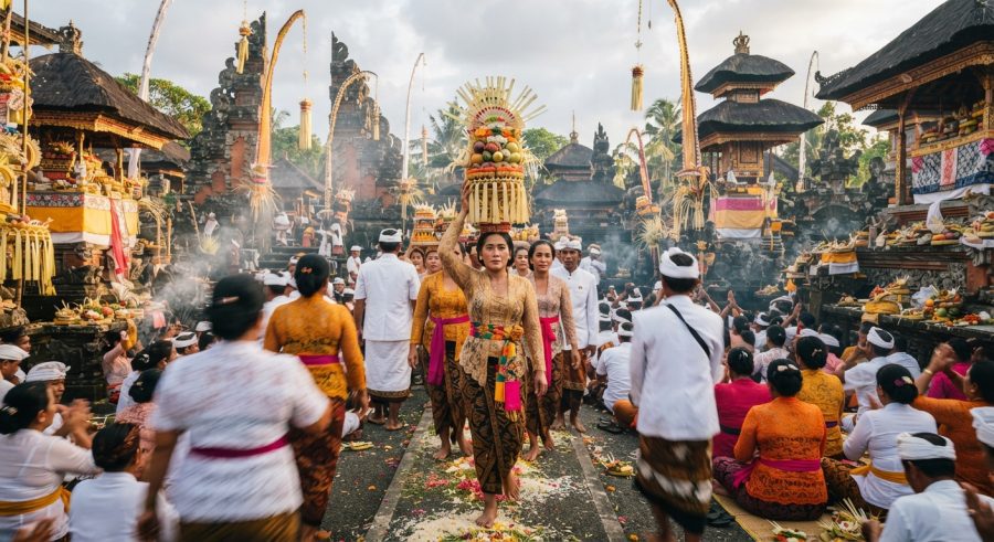 Masyarakat Bali sedang melaksanakan upacara keagamaan di pura