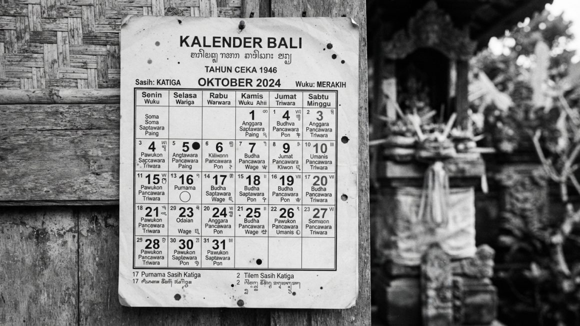 Kalender Bali hitam putih tradisional dengan aksara Bali dan detail wuku