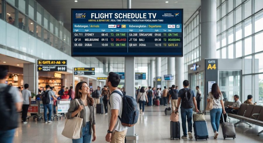 Suasana terminal bandara modern dengan layar TV informasi penerbangan (real-time serta penumpang yang sedang melihat jadwal