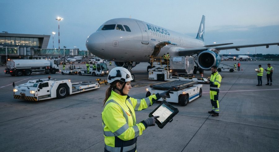 Petugas bandara menggunakan tablet untuk transformasi digital ground handling AVAGOS di apron bandara