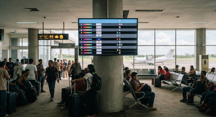 Sistem display bandara lokal FIDSSA yang menampilkan informasi penerbangan di ruang tunggu bandara