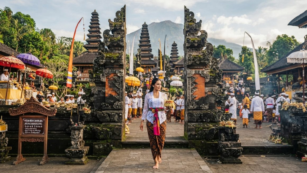 menampilkan suasana di sebuah kompleks pura bersejarah di Bali yang megah dan ramai