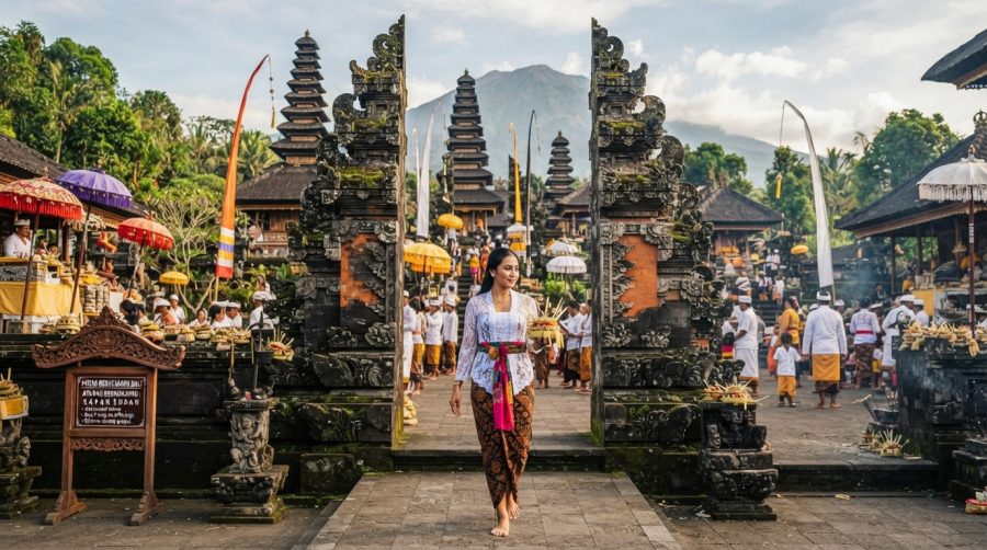 menampilkan suasana di sebuah kompleks pura bersejarah di Bali yang megah dan ramai