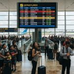 Traveler melihat layar flight schedule TV di bandara
