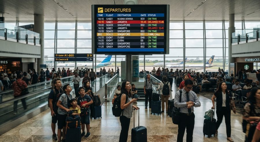Traveler melihat layar flight schedule TV di bandara