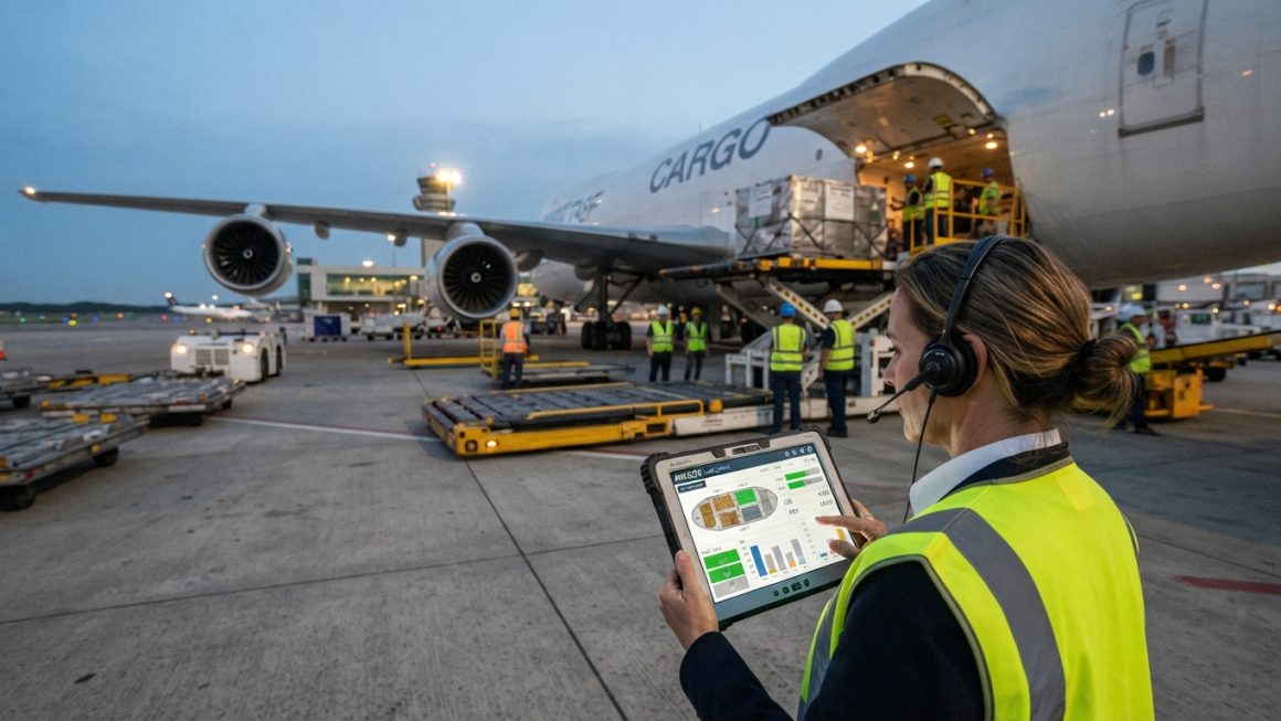 Petugas bandara memantau pergerakan dan beban pesawat kargo menggunakan fitur kontrol muatan AVAGOS pada tablet