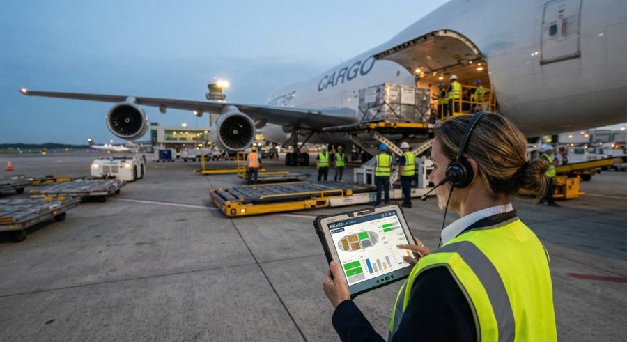 Petugas bandara memantau pergerakan dan beban pesawat kargo menggunakan fitur kontrol muatan AVAGOS pada tablet
