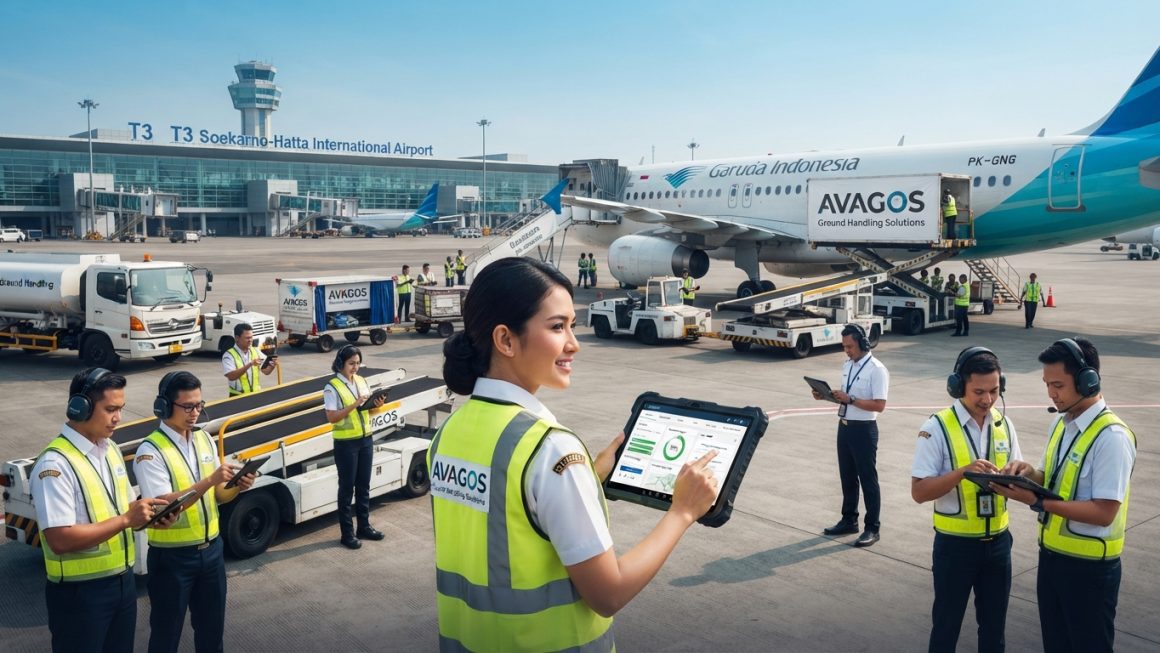 Petugas ground handling bandara menggunakan perangkat tablet dengan sistem AVAGOS di apron pesawat