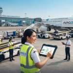 Petugas ground handling bandara menggunakan perangkat tablet dengan sistem AVAGOS di apron pesawat