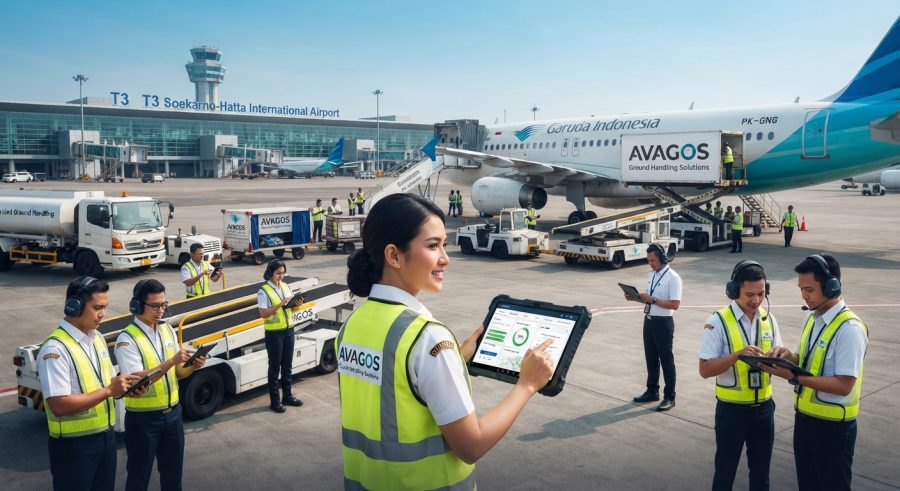 Petugas ground handling bandara menggunakan perangkat tablet dengan sistem AVAGOS di apron pesawat