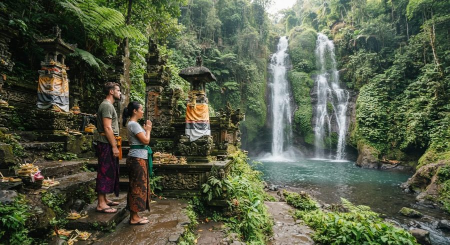 Wisata spiritual dan alam menampilkan pura Bali dengan latar belakang air terjun di Bali Utara.