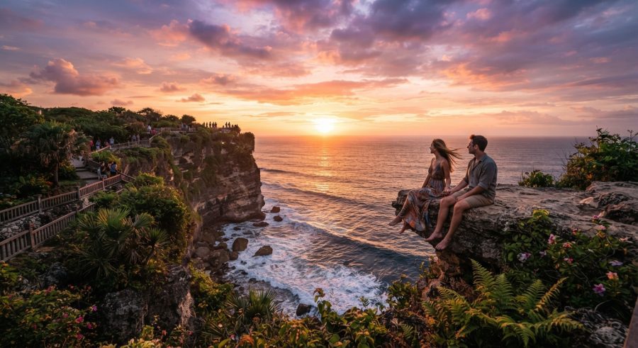 Wisatawan menikmati sunset spektakuler di atas tebing laut Bali