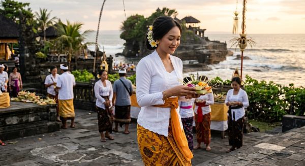 Pesona Kebaya Bali: Makna Anggun Baju Putih dan Kamen Kuning-Cokelat dalam Ritual Budaya