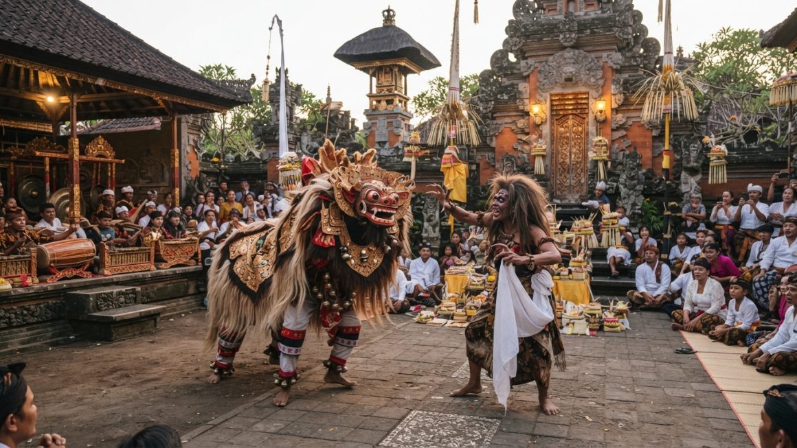 Pertunjukan Tari Barong Bali yang sakral dan megah di halaman pura tradisional.