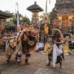 Pertunjukan Tari Barong Bali yang sakral dan megah di halaman pura tradisional.