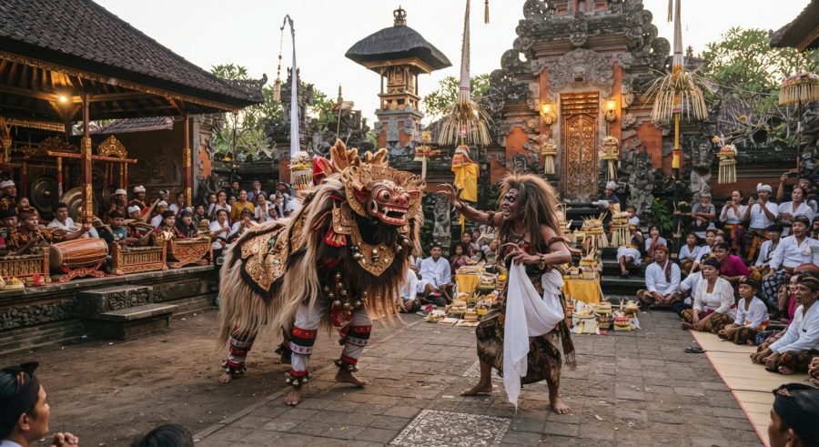 Pertunjukan Tari Barong Bali yang sakral dan megah di halaman pura tradisional.