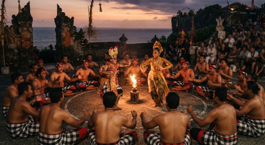 Pesona Tari Kecak Bali dengan kolaborasi tak terduga di latar belakang matahari terbenam